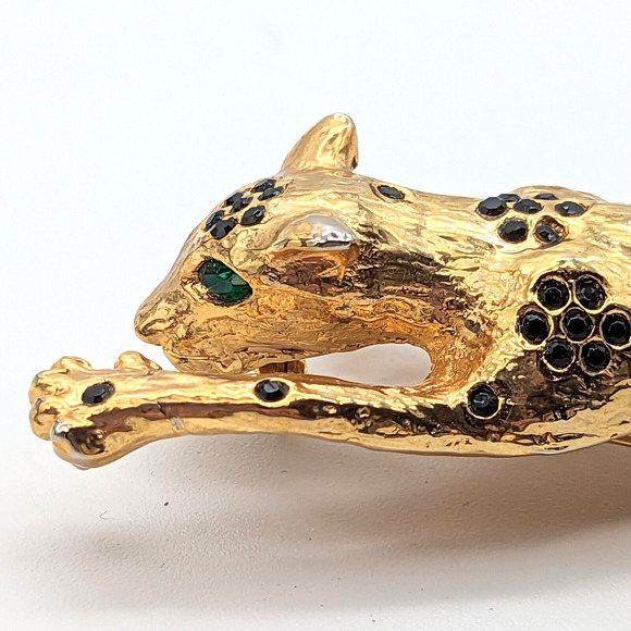 70s Spotted Leopard Brooch w Black Rhinestone Flowers Green Eyes Dangling Tail - Picture 5 of 13
